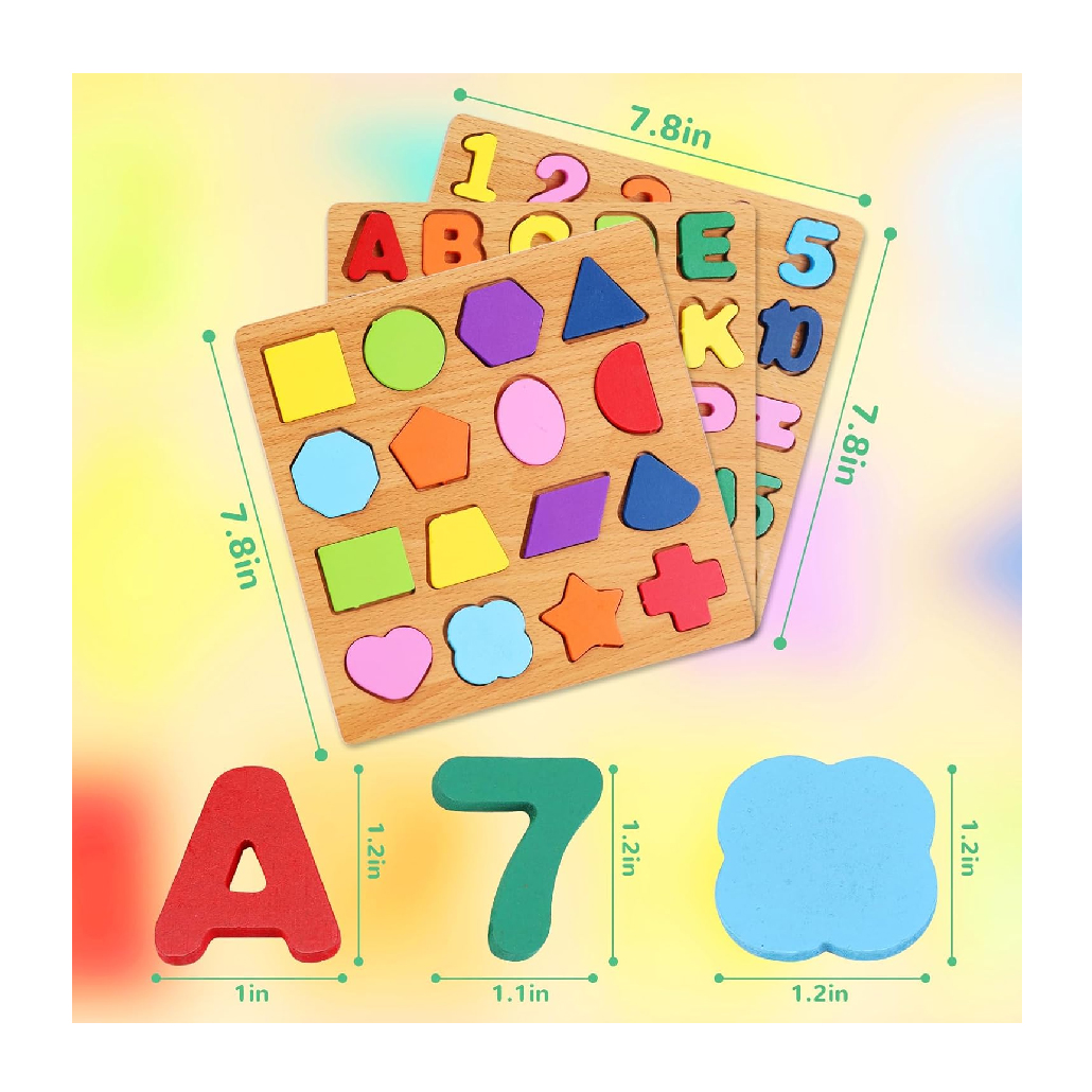 Wooden Puzzles for Toddlers 3-5 Pack of 3 ABC Number Shape Puzzle Preschool Educational Learning Toys Puzzle Board Letter Blocks