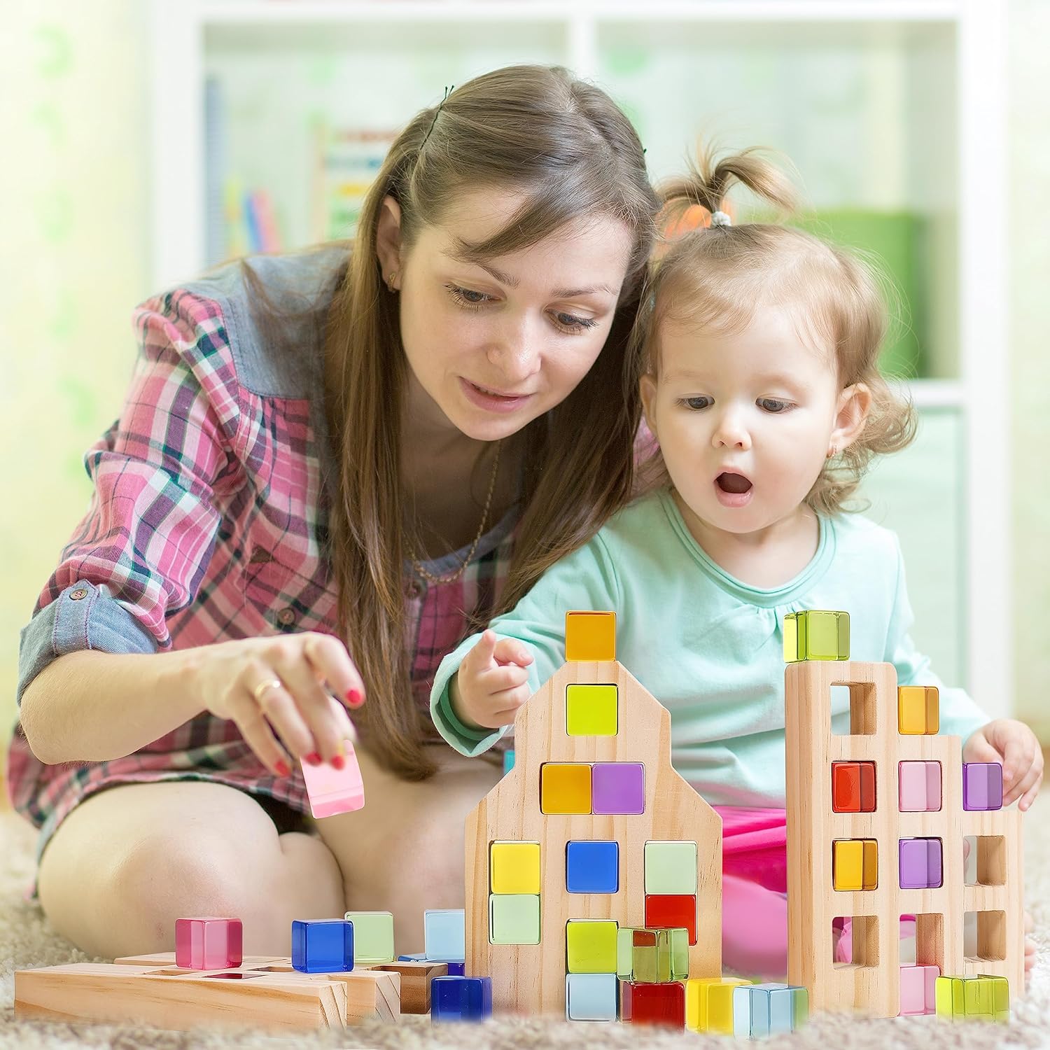 Wooden Building Blocks Set Stacking Castle Construction Toys Transparent Rainbow Acrylic Cubes Educational Open Play for Kids