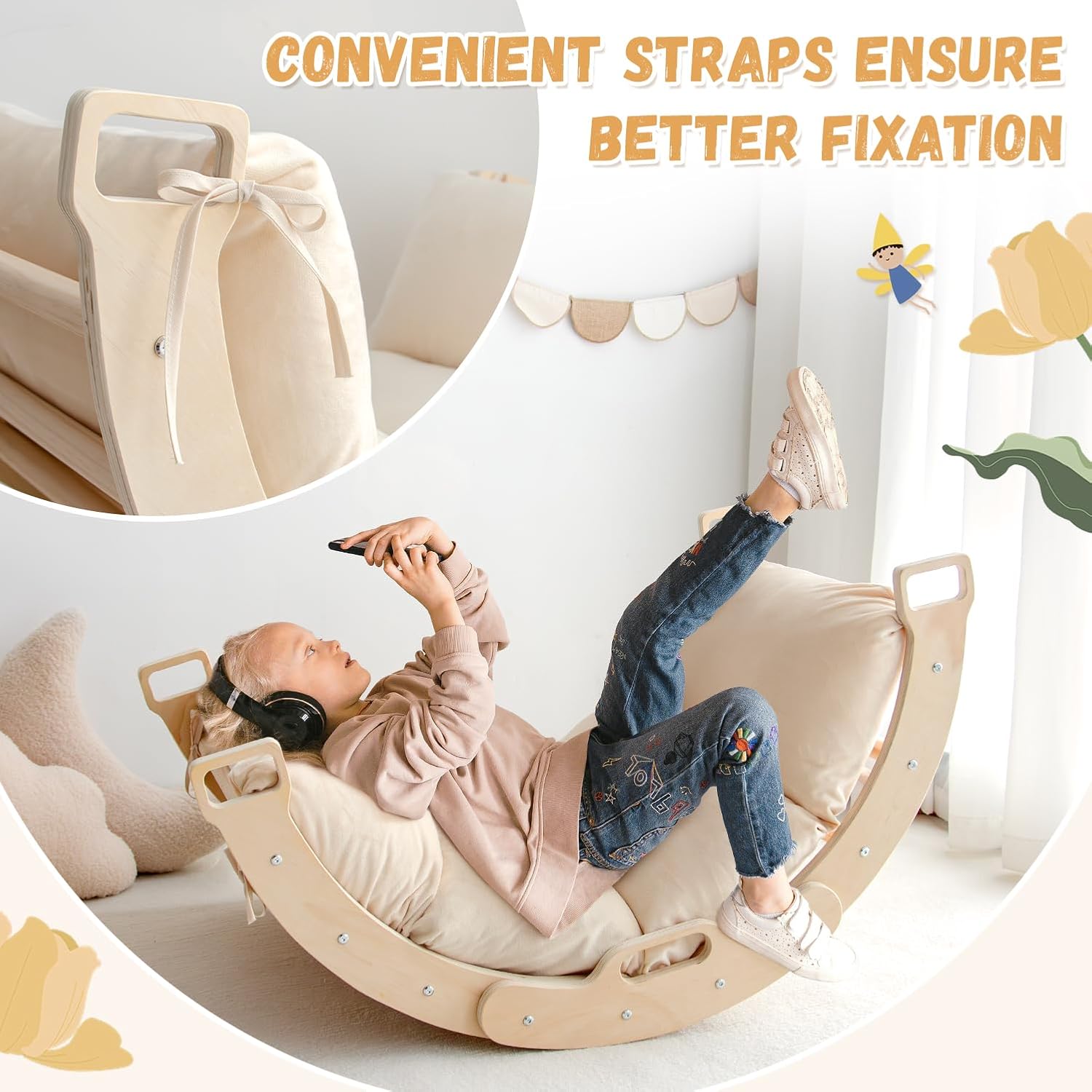 LM KIDS Wooden Kids Multi-functional Rainbow Arch Rocking Boat &amp; Chair Toddler Indoor Playground Kids Educational Wooden Toy