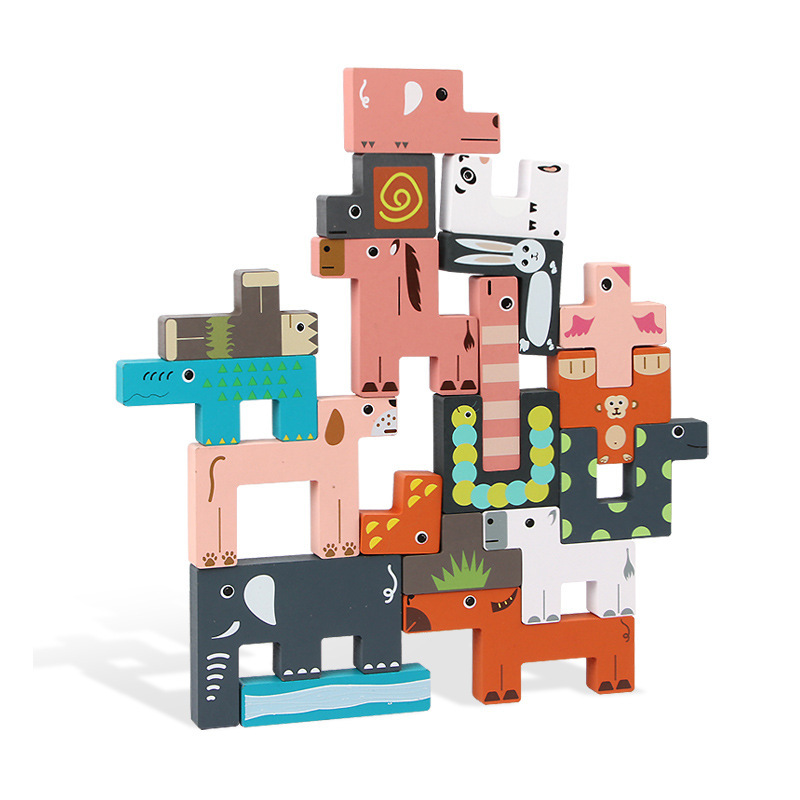 Children's Creative Wooden Three-Dimensional Animal Puzzle Building Blocks DIY Toy <50 Pieces for 0-24 Months Color Box