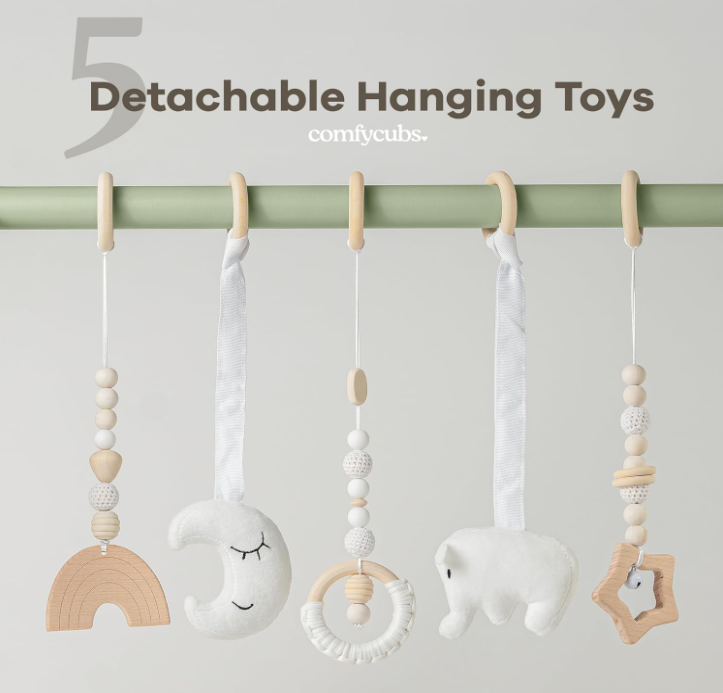 Wooden Baby Play Gym Natural Finish Pinewood Baby Activity Gym with 5 Sensory Hanging Toys
