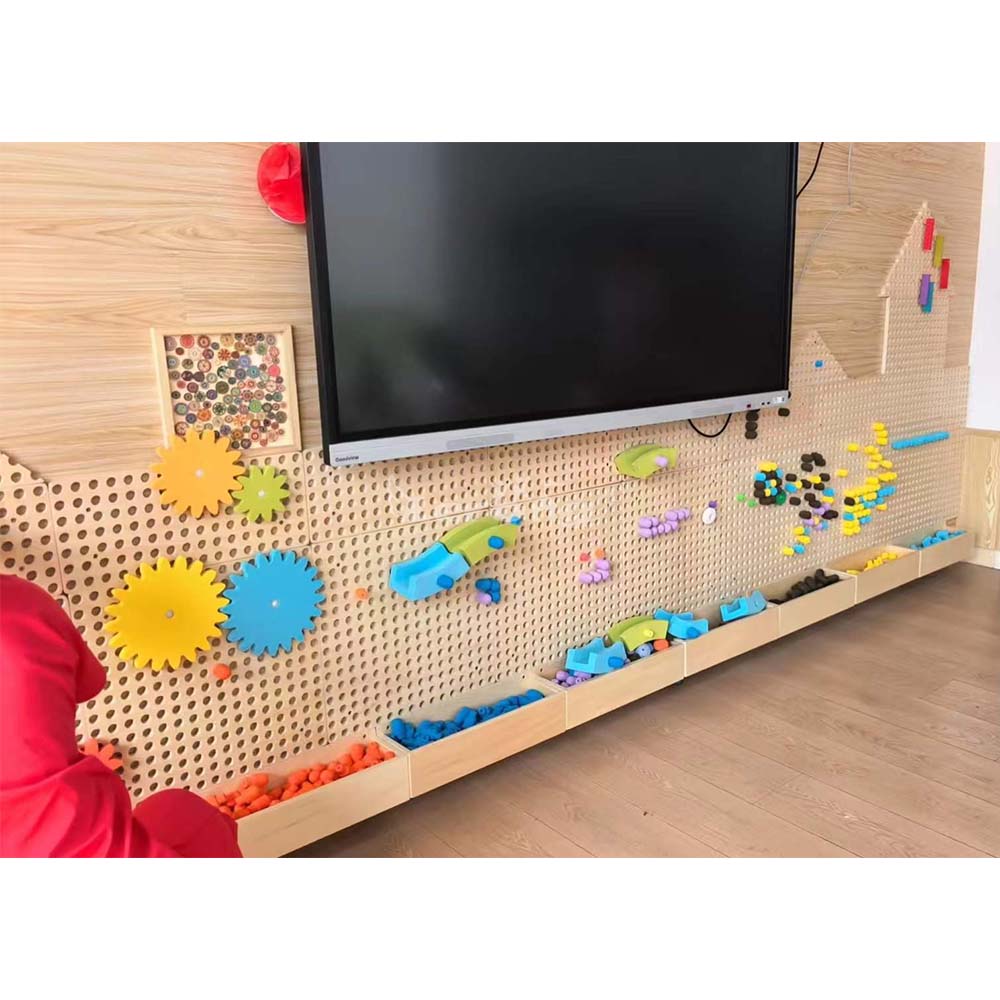 High Quality Kids STEM Educational Indoor Playground Sensory Toys Activity Birch Wood Wall Game with EVA Building Blocks Set