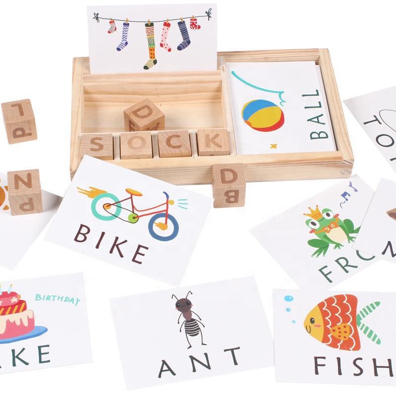 Wholesale Unisex English Alphabet Learning Building Block Puzzle Spelling Word Game Wooden Toy Box for Baby Children Cardboard