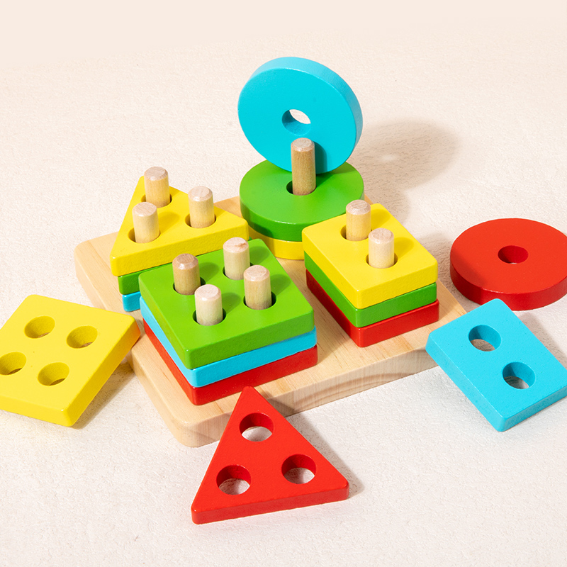 Safety Natural Wood Stacking Puzzle Toy Color Recognition Shape Sorter Puzzles for Baby