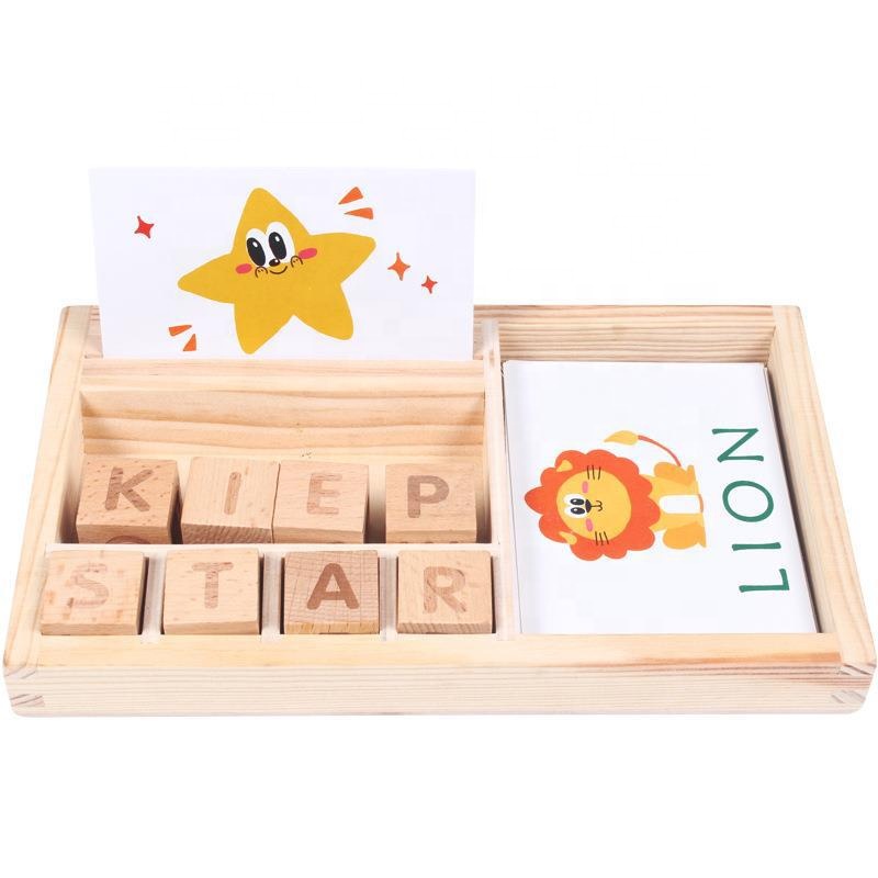Wholesale Unisex English Alphabet Learning Building Block Puzzle Spelling Word Game Wooden Toy Box for Baby Children Cardboard