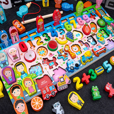 Wholesale Muwantu M6 Kids Montessori Math Geometry Cognition Puzzle Wooden Fruit Animal Fishing Activity Board Educational Toys