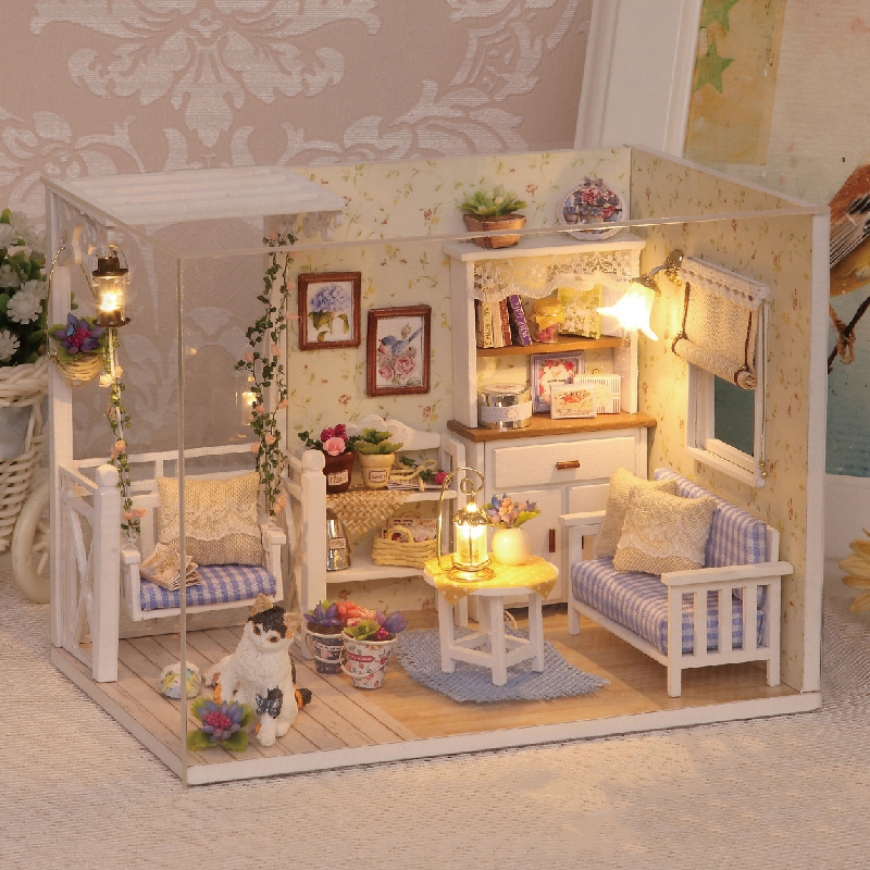 Handmade Mini House with Furniture Light Toys Set DIY Wooden Room Small Doll's House Models Miniature Building Block Kit