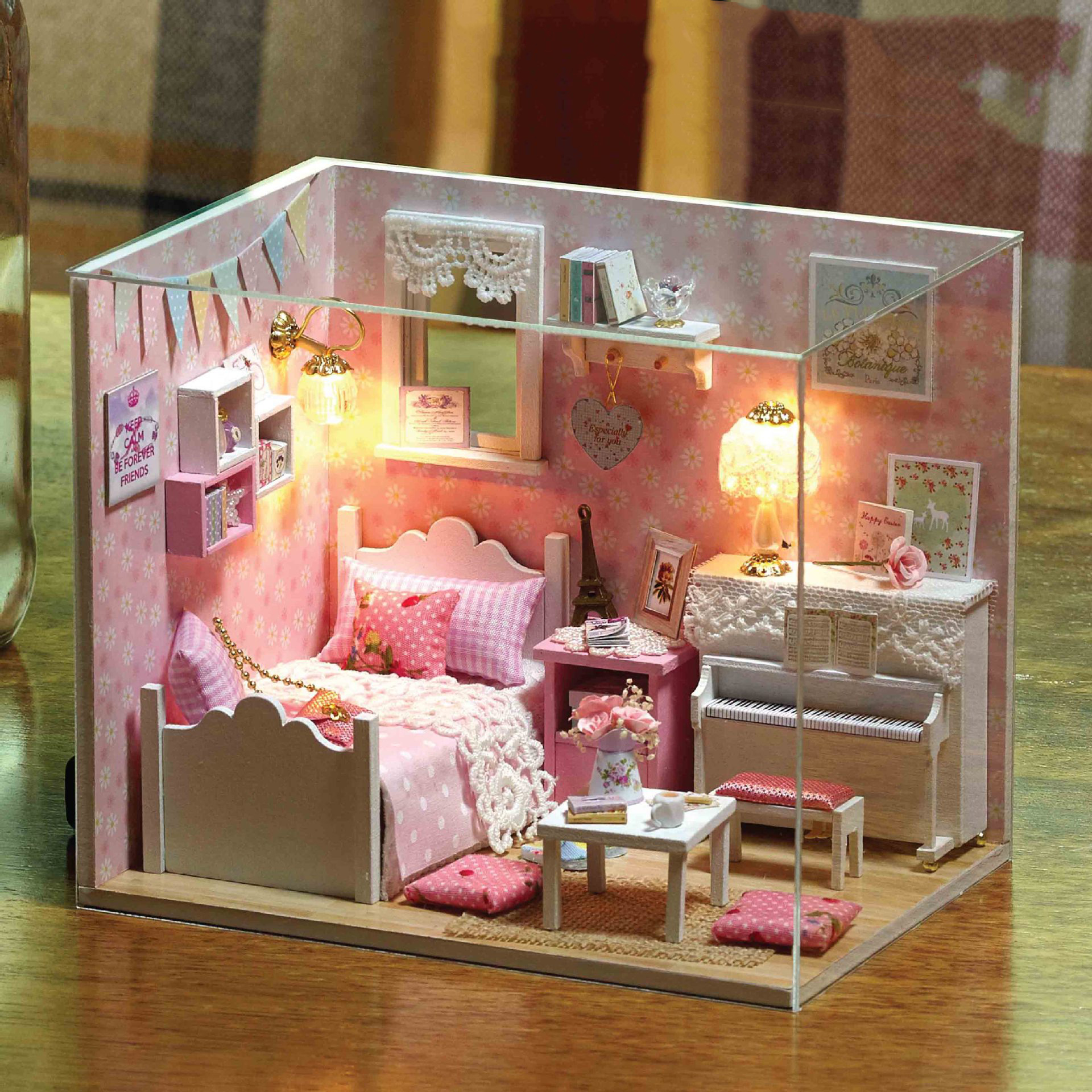 Handmade Mini House with Furniture Light Toys Set DIY Wooden Room Small Doll's House Models Miniature Building Block Kit