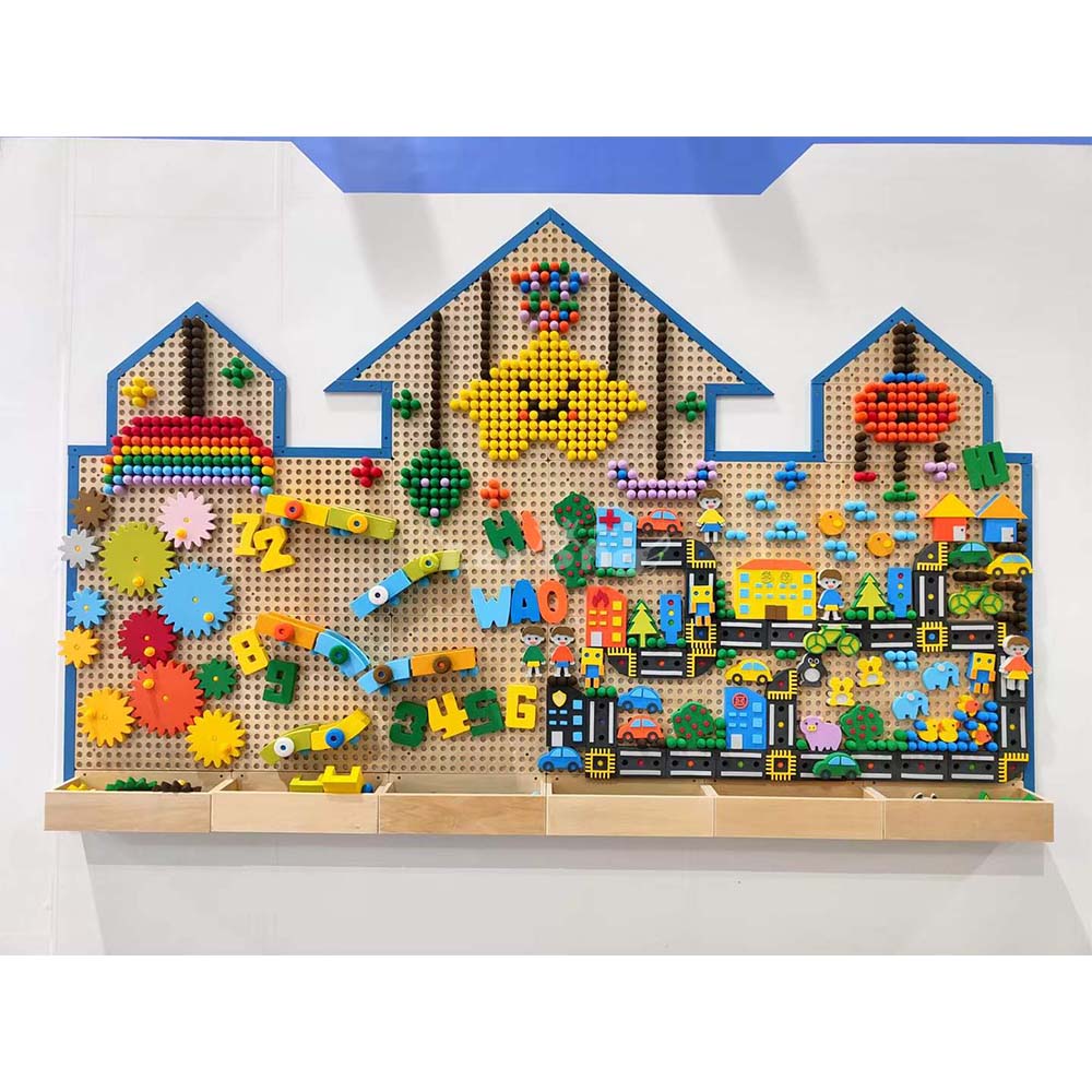 High Quality Kids STEM Educational Indoor Playground Sensory Toys Activity Birch Wood Wall Game with EVA Building Blocks Set