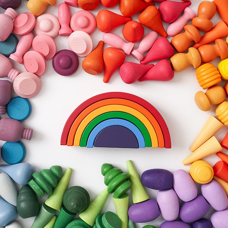 New Eco-friendly Wooden Educational Children's Open Creative Animals Nature Theme Small Cute Construction rainbow Building Block