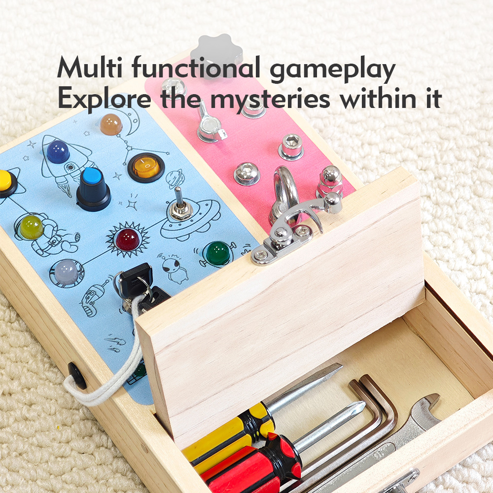 Montessori Educational Wooden Busy Board with Switch Box Sensory Toy for 1-3 Years Old Babies Toddlers Children Boys &amp; Girls