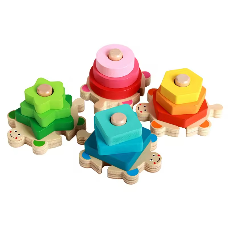 EDULAND Montessori Children's Wooden Turtle Sleeve Column Shape Blocks Board Game Educational Color Sorting Stacking Toys EN71