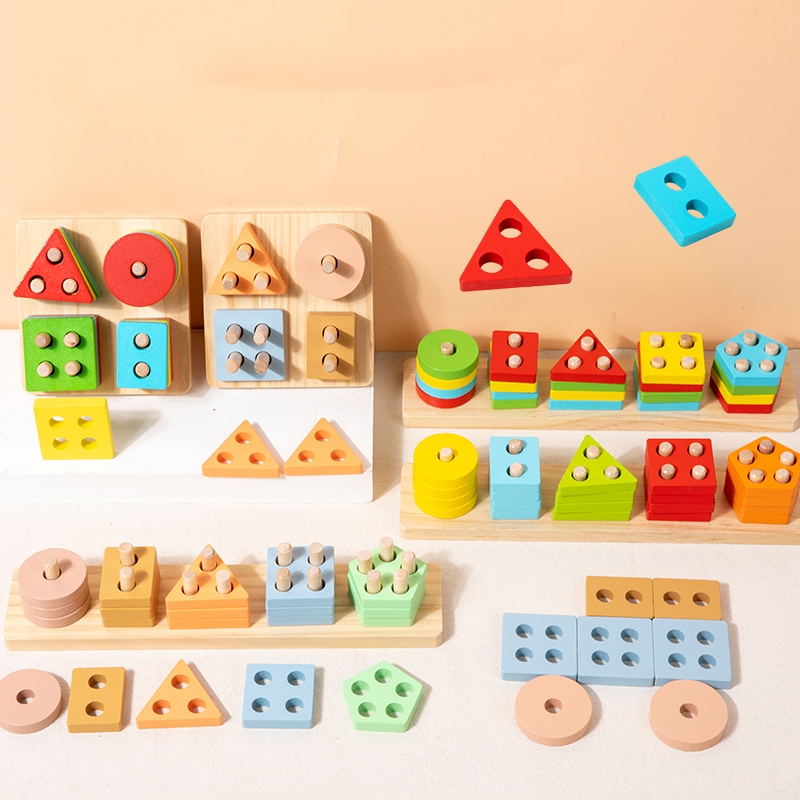 Safety Natural Wood Stacking Puzzle Toy Color Recognition Shape Sorter Puzzles for Baby