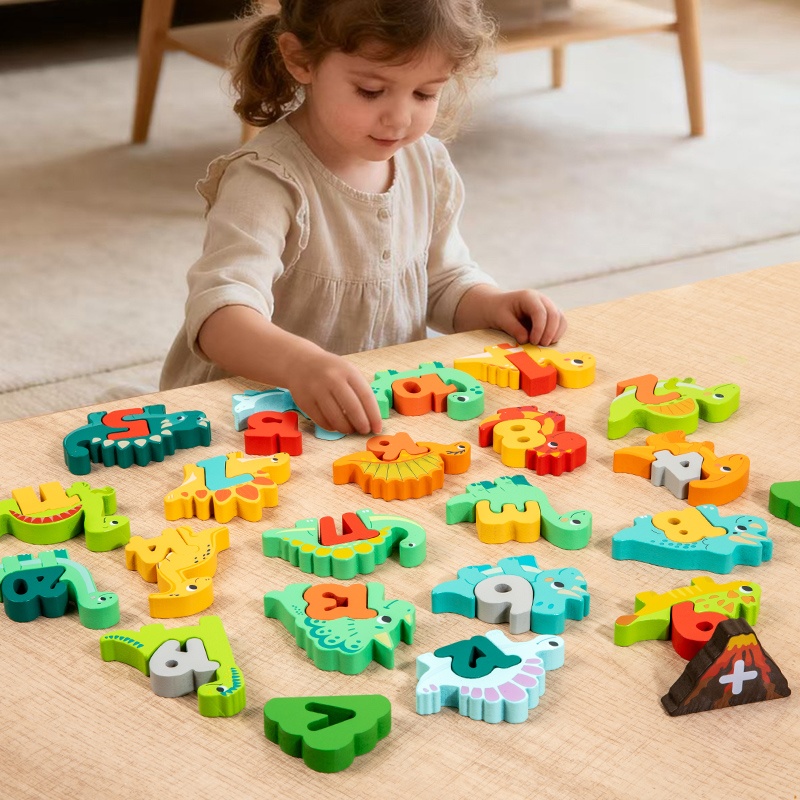 Educational Wooden 3D Number Math Learning Digital Dinosaur Cute Animal English Letter Alphabet Matching Pairing Block Puzzle