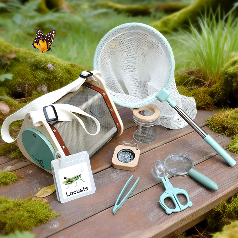 Kids Outdoor Explorer Set STEM Educational Toys Science Montessori Wooden Bug Catcher Kit with Magnifying Glass Butterfly Net