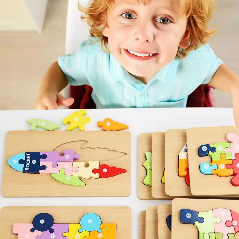 3D Wooden Diy Jigsaw Puzzle New Product Montessori Wooden Baby Cartoon Educational Board Game Toys for Kids Toddlers Boys Girls