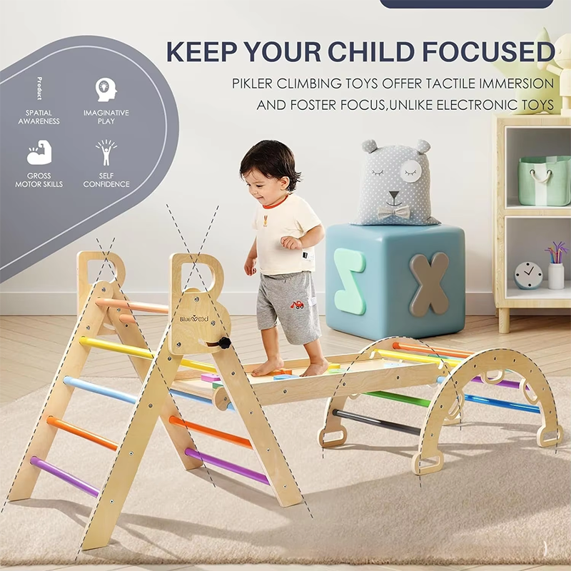 Montessori Inspired Children's Wooden Climbing Frame Rainbow PE Steel Pickler Triangle Set For Toddlers Gym Kindergarten Play
