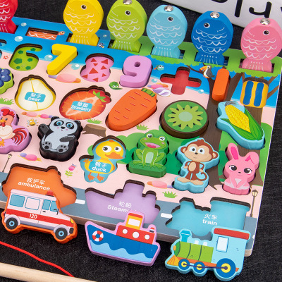 Wholesale Muwantu M6 Kids Montessori Math Geometry Cognition Puzzle Wooden Fruit Animal Fishing Activity Board Educational Toys
