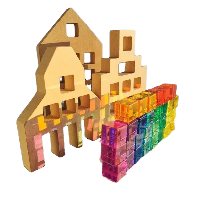 Wooden Building Blocks Set Stacking Castle Construction Toys Transparent Rainbow Acrylic Cubes Educational Open Play for Kids
