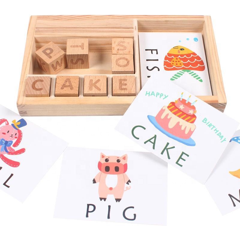 Wholesale Unisex English Alphabet Learning Building Block Puzzle Spelling Word Game Wooden Toy Box for Baby Children Cardboard