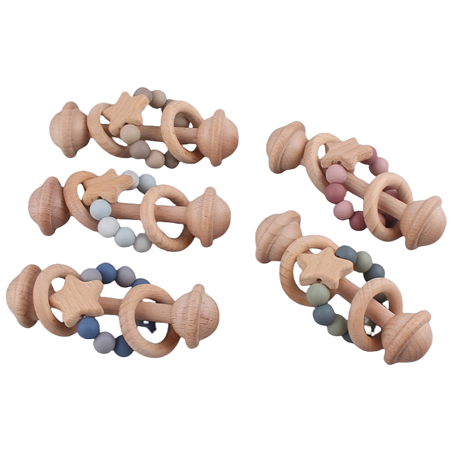 New Baby Rattle Sensory Beech Wood Pacifier Clip Round Shape Teether Toy Set Soothing Silicone Bead BPA Free Soft Toy