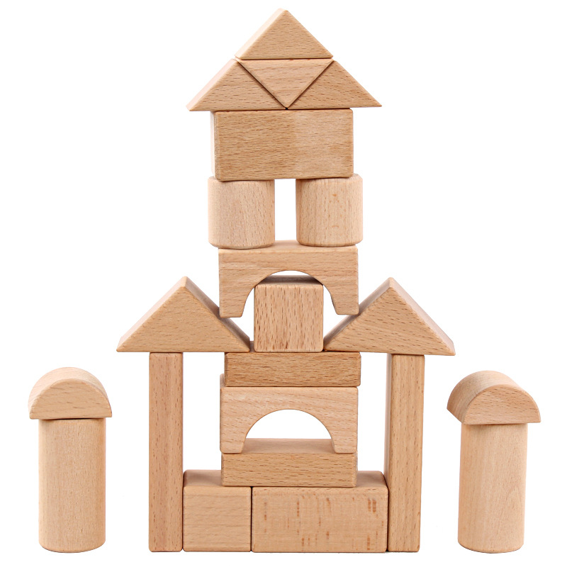 Natural Beech Wood Block with Box 22pcs Kids Wooden Blocks Toys Set