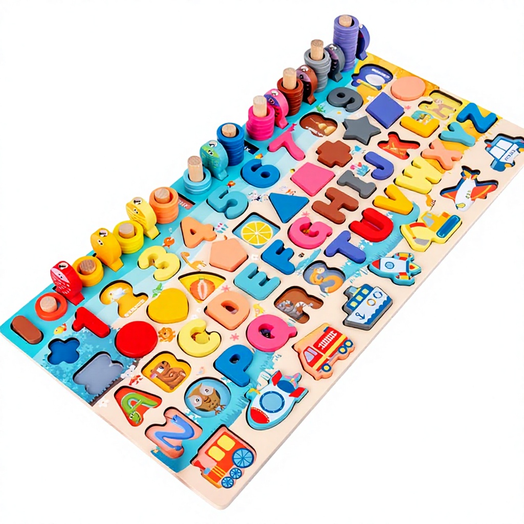 Wooden Toddler Activity Board Toy Alphabet Number Shape Sorting Fishing Game Counting Stacker Preschool Learning Factory OEM ODM