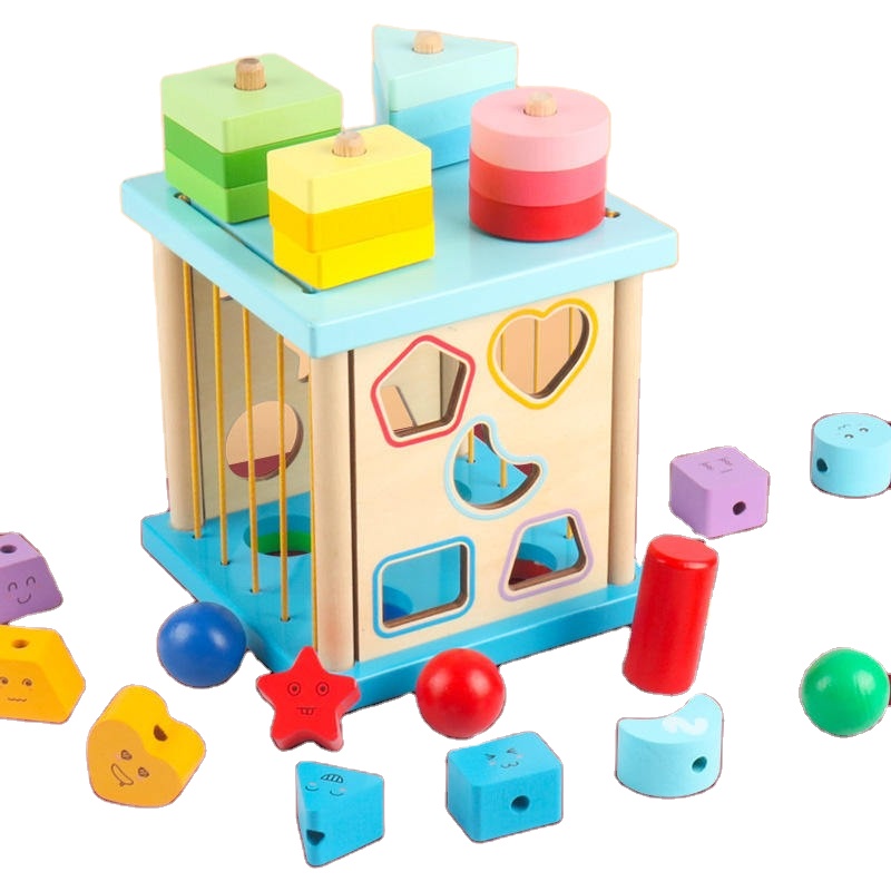 Children Early Educational Wooden Block Box Shape Sorting Toy Hot Selling 4 in 1 Wooden Toys Shape Cognitive Block Wooden