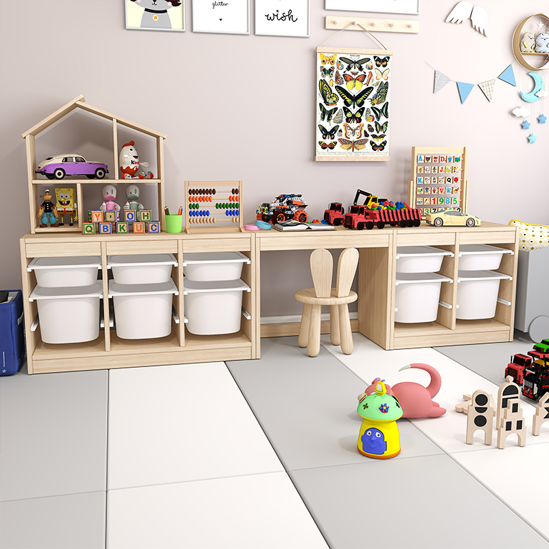 Wooden Children's Study Table, Solid Wood Toy Storage Rack, Baby Games, Multi-functional Early Education Building Blocks