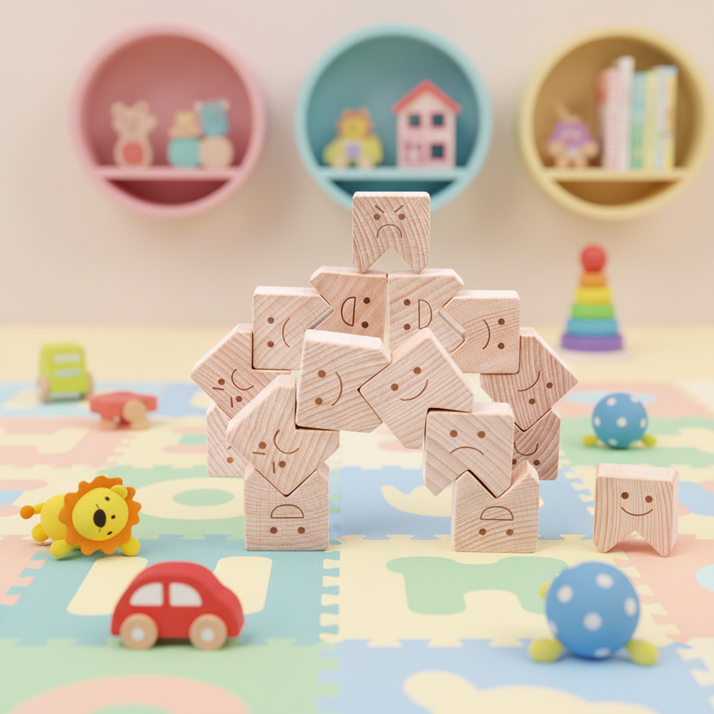 Runwood Wooden Cute Emoticon Building Blocks Toy Set Laser Custom Nature Wood Toy Beech Facial Expression Educational Puzzle Toy