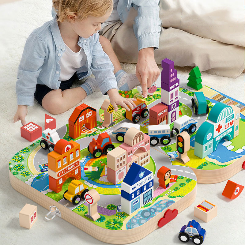 Wholesale Custom Wooden Educational Toys Urban Track Building Blocks Shape Intelligence Large Particle Building Blocks For Kids