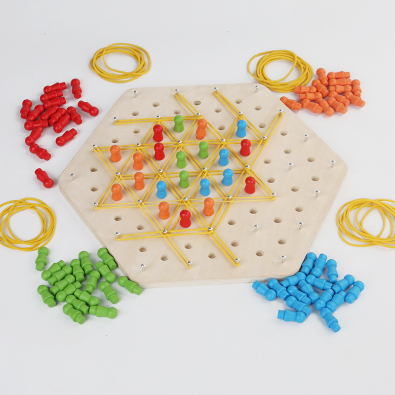Wooden Geoboard Nail Board with Rubber Bands Color Pegs Montessori Math Manipulative Toy for Toddlers Spatial Shape Recognition