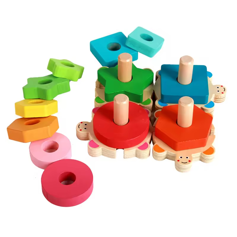EDULAND Montessori Children's Wooden Turtle Sleeve Column Shape Blocks Board Game Educational Color Sorting Stacking Toys EN71