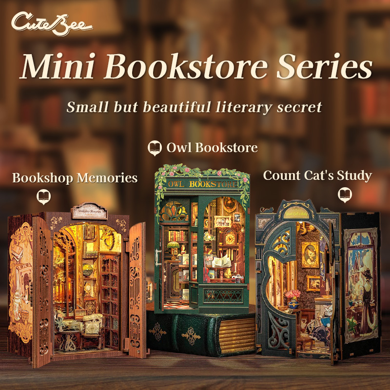 DIY Book Nook Kit Miniature Dollhouse with Light Wooden Bookshelf Insert Retro Booknook Decor for Gifts Bookshop Series