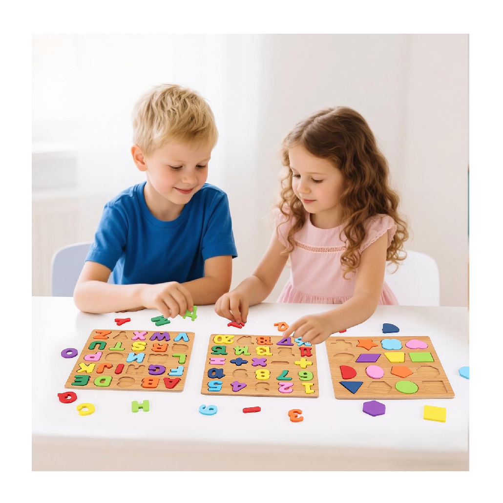 Wooden Puzzles for Toddlers 3-5 Pack of 3 ABC Number Shape Puzzle Preschool Educational Learning Toys Puzzle Board Letter Blocks