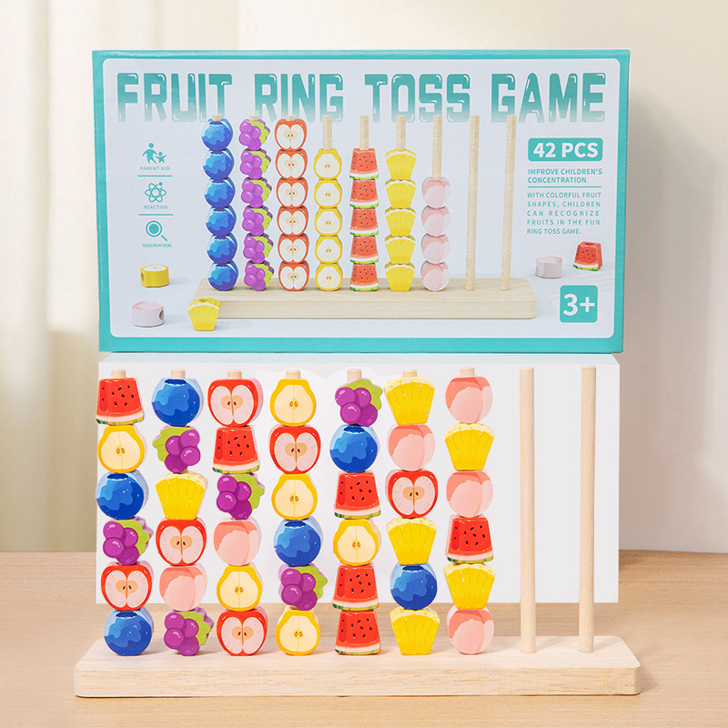 Wooden Fruit Sorting Matching Game Color Sorting Peg Board with Fruit Beads Early Educational Fine Motor Skill Toy for Toddlers