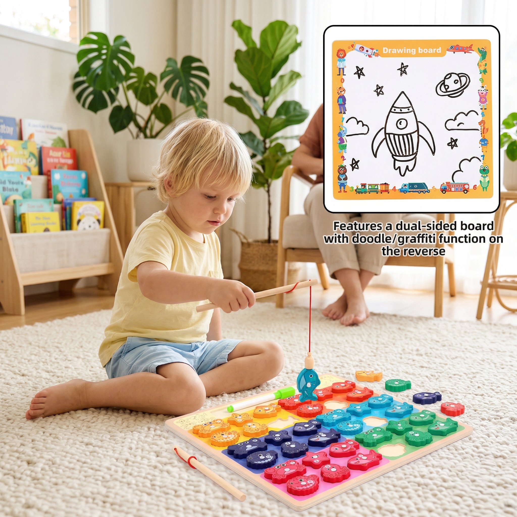 Double-sided Wooden Magnetic Fishing Sorting Game Educational Montessori Toy with Drawing Graffiti Back for Toddlers