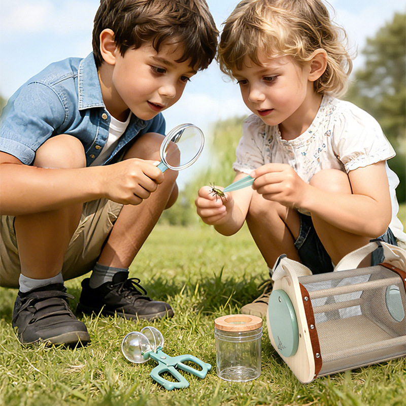 Kids Outdoor Explorer Set STEM Educational Toys Science Montessori Wooden Bug Catcher Kit with Magnifying Glass Butterfly Net