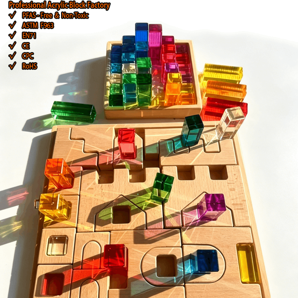 Wooden Building Blocks Set Stacking Castle Construction Toys Transparent Rainbow Acrylic Cubes Educational Open Play for Kids