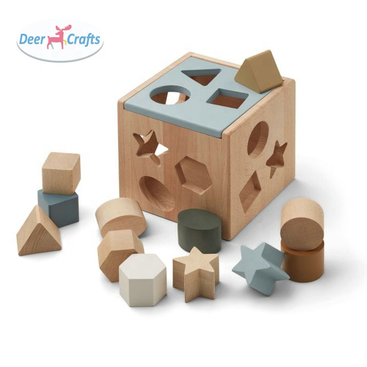 Hot Sale Kids Geometric Shape Blocks Matching Game Wooden Shape Sorting Cube DD12446
