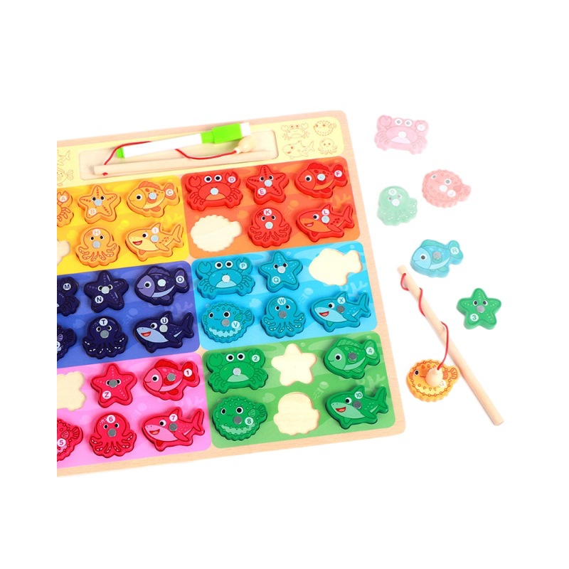Double-sided Wooden Magnetic Fishing Sorting Game Educational Montessori Toy with Drawing Graffiti Back for Toddlers