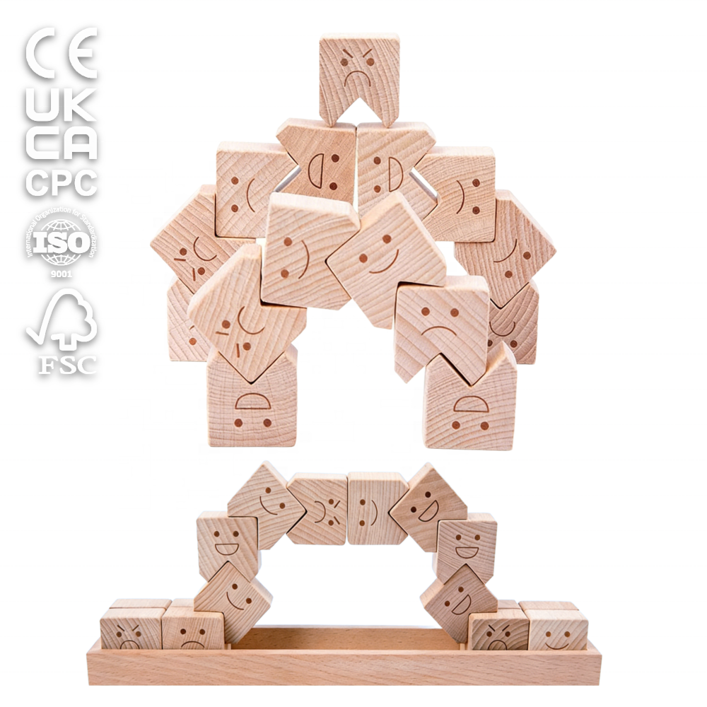 Runwood Wooden Cute Emoticon Building Blocks Toy Set Laser Custom Nature Wood Toy Beech Facial Expression Educational Puzzle Toy