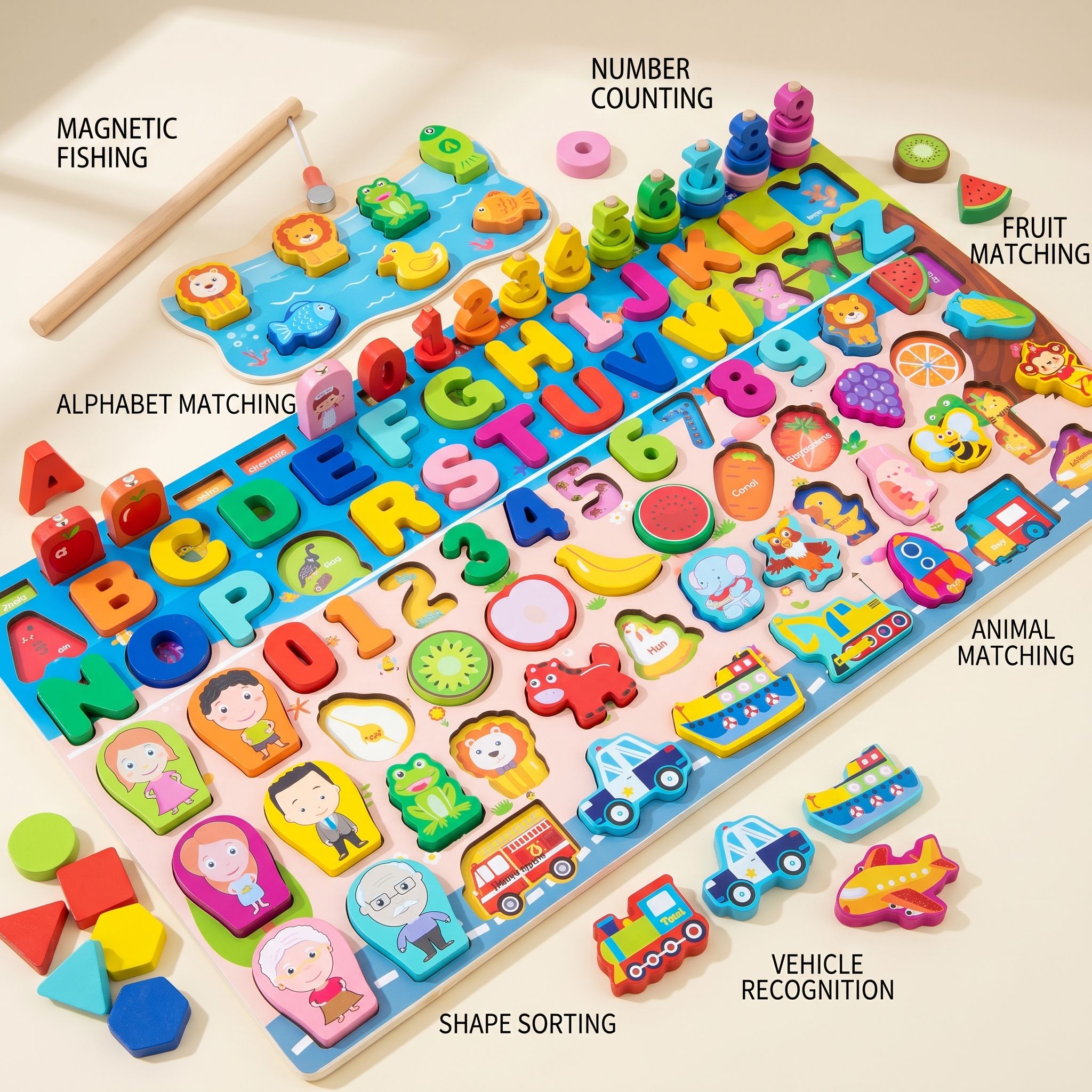 Wooden Toddler Activity Board Toy Alphabet Number Shape Sorting Fishing Game Counting Stacker Preschool Learning Factory OEM ODM