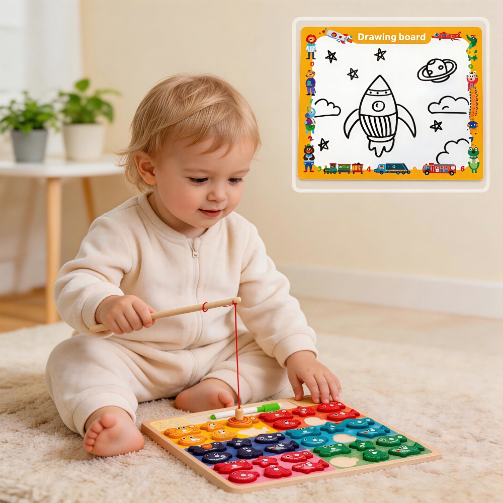 Double-sided Wooden Magnetic Fishing Sorting Game Educational Montessori Toy with Drawing Graffiti Back for Toddlers