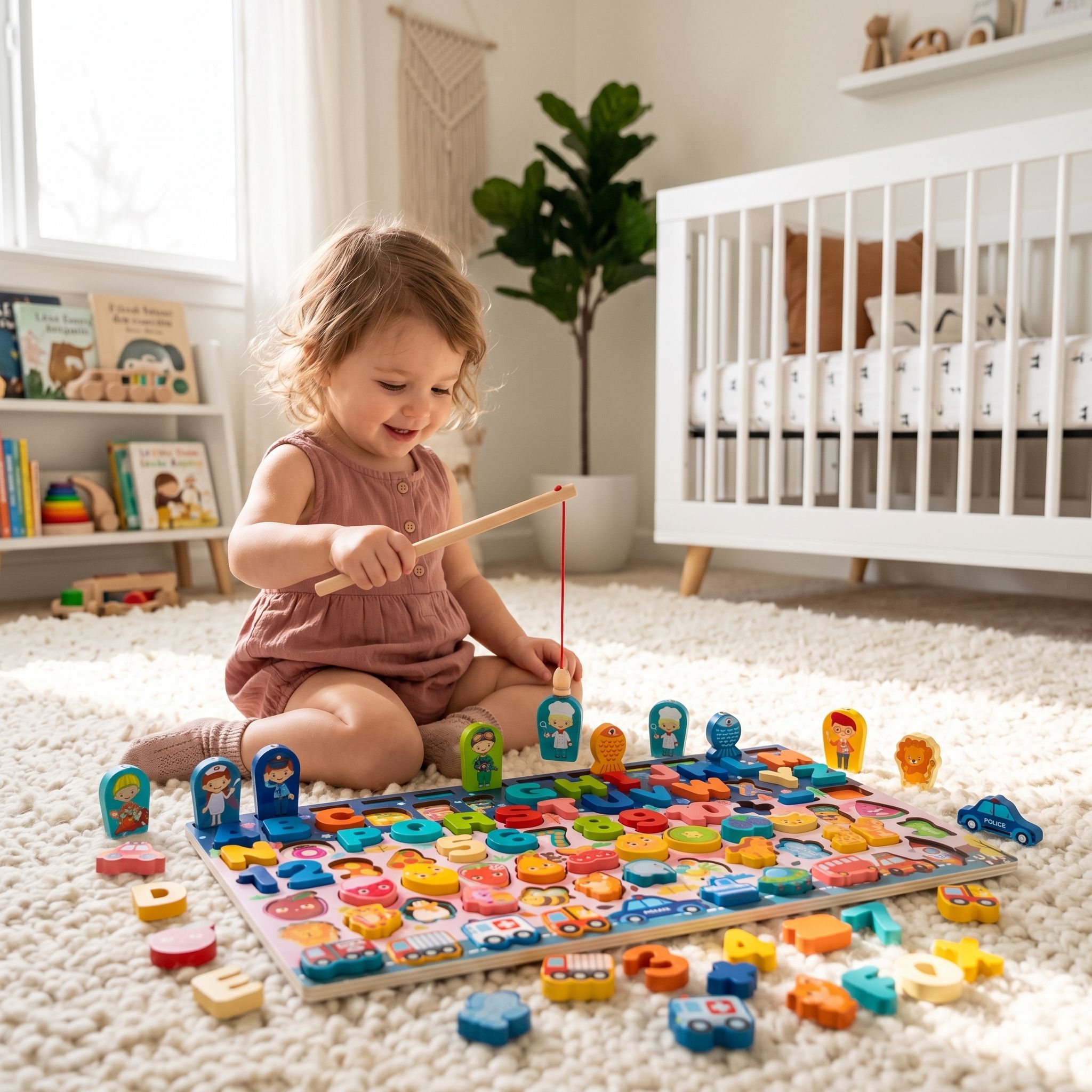 Wooden Toddler Activity Board Toy Alphabet Number Shape Sorting Fishing Game Counting Stacker Preschool Learning Factory OEM ODM