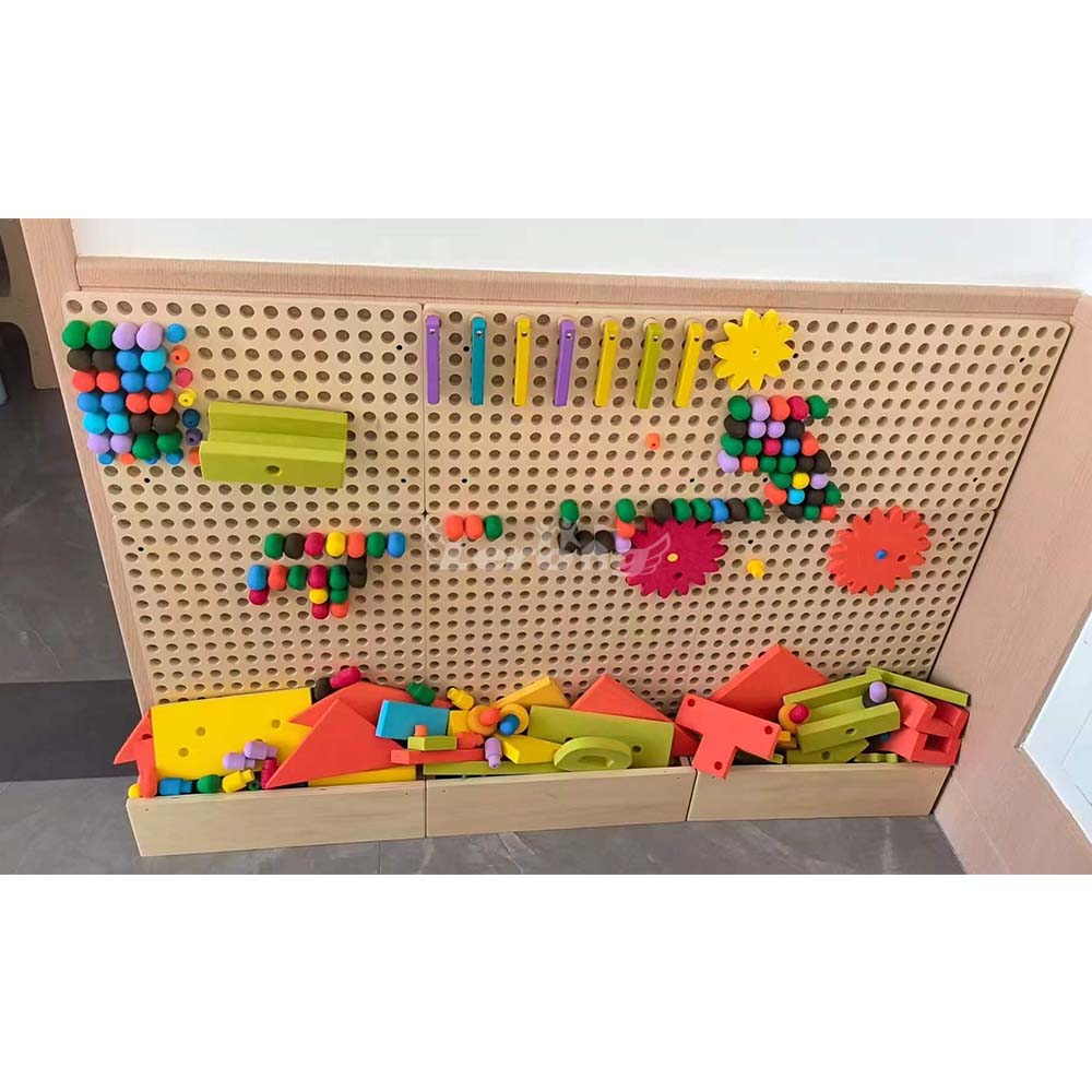 High Quality Kids STEM Educational Indoor Playground Sensory Toys Activity Birch Wood Wall Game with EVA Building Blocks Set