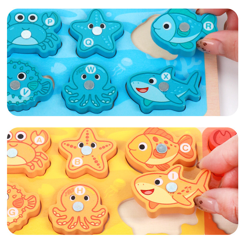 Double-sided Wooden Magnetic Fishing Sorting Game Educational Montessori Toy with Drawing Graffiti Back for Toddlers