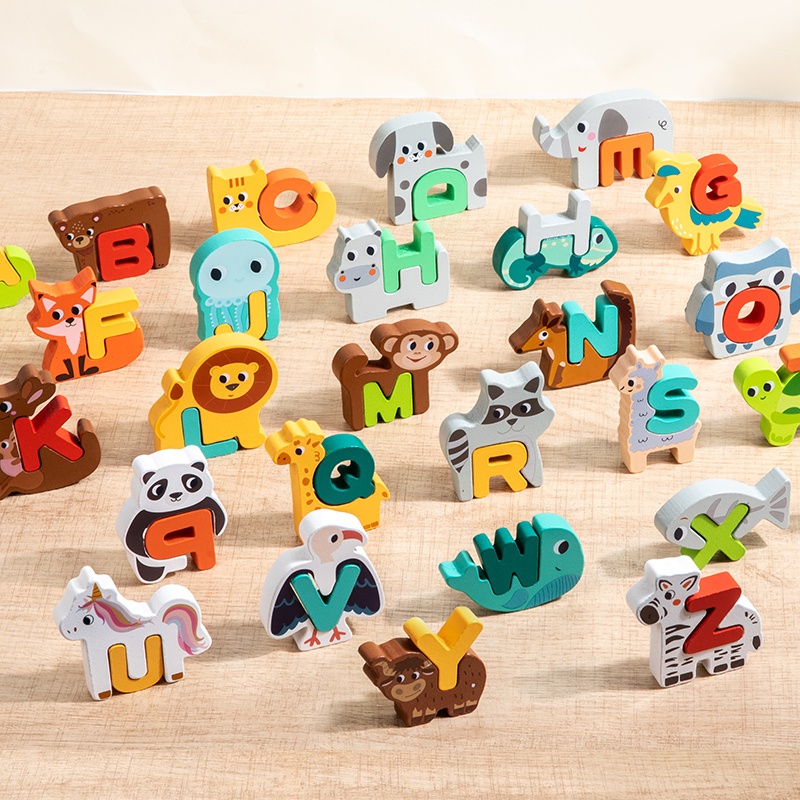 Educational Wooden 3D Number Math Learning Digital Dinosaur Cute Animal English Letter Alphabet Matching Pairing Block Puzzle