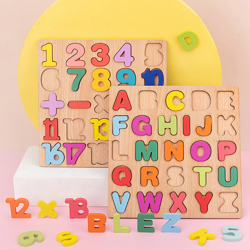 Montessori Inspired Custom Wholesale Wood Puzzle Board Set Kids Building Block with Digit Alphabet ABC Number Match Cube Shape