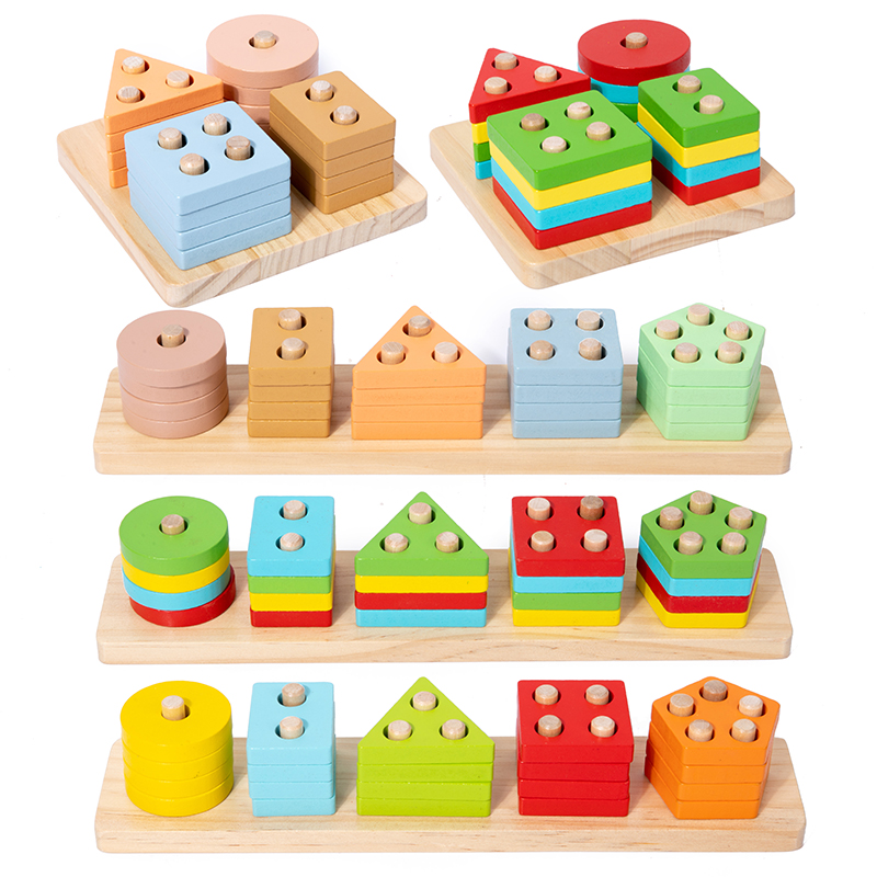 Safety Natural Wood Stacking Puzzle Toy Color Recognition Shape Sorter Puzzles for Baby